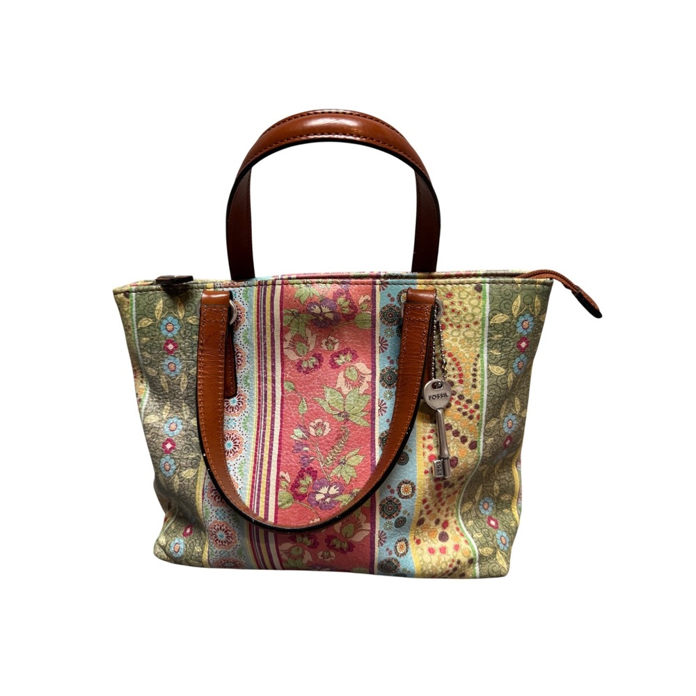 Fossil Satchel Floral Patchwork Leather Trim Bag Small Multicolor ZB7013 Boho